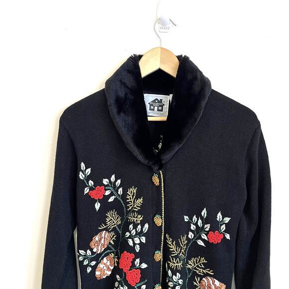 Storybook Knits Holiday Pines Cardi Sweater Size XS Beaded Embroidery Fur Collar - Picture 3 of 11